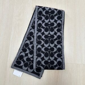 NWT Coach Black and Gray Monogram and Polka Dot Scarf 100% Merino Wool